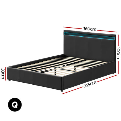 Artiss Bed Frame Queen Size LED Gas Lift Black COLE - Cosy Abode