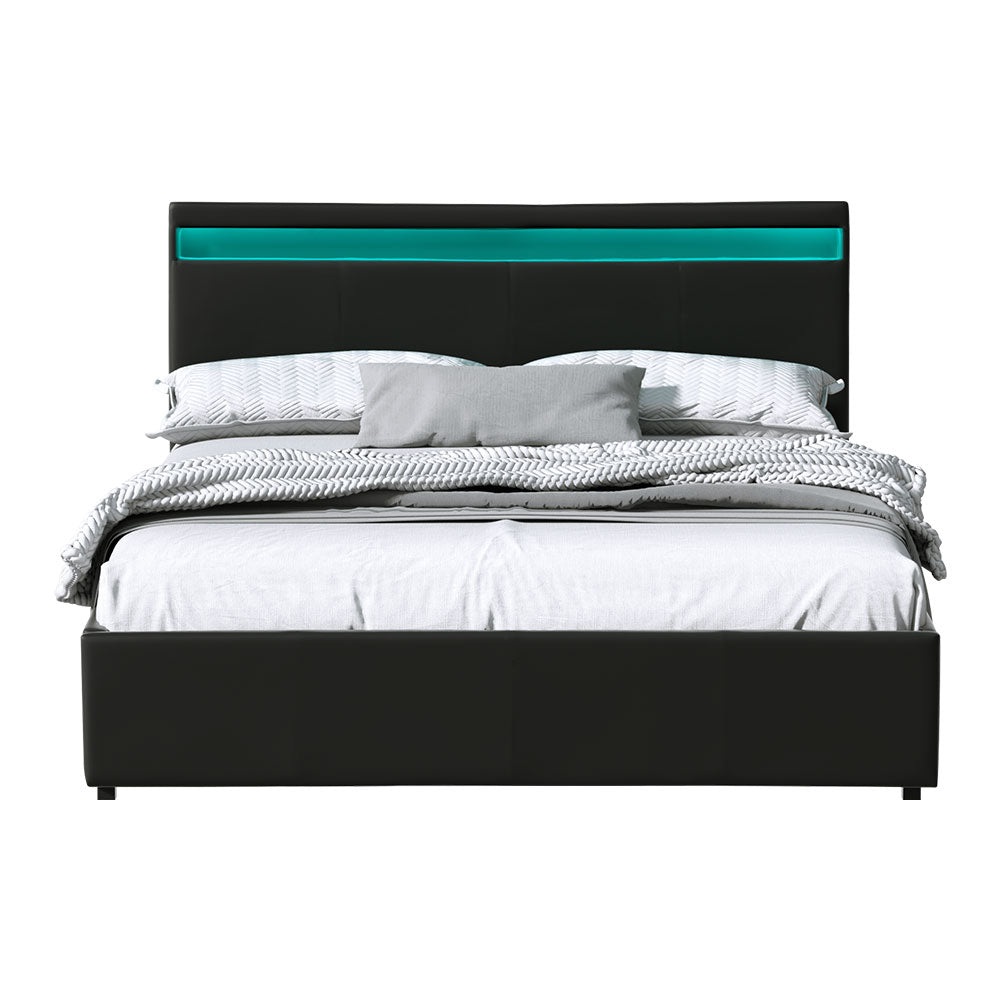 Artiss Bed Frame Queen Size LED Gas Lift Black COLE - Cosy Abode