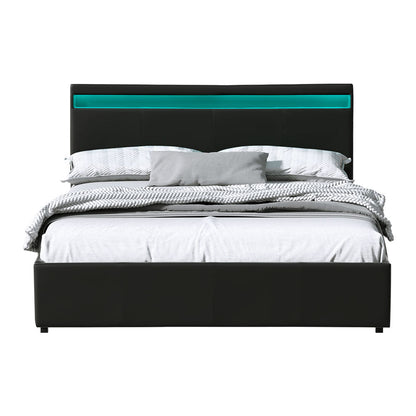 Artiss Bed Frame Queen Size LED Gas Lift Black COLE - Cosy Abode