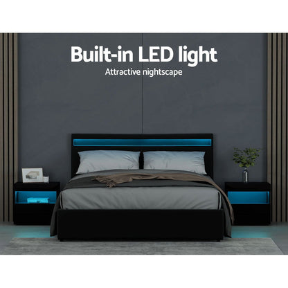 Artiss Bed Frame Queen Size LED Gas Lift Black COLE - Cosy Abode