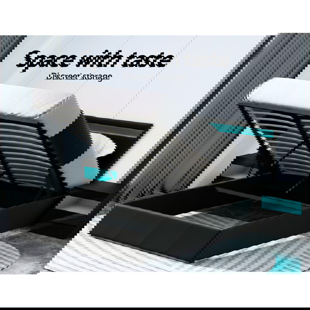 Artiss Bed Frame Queen Size LED Gas Lift Black COLE - Cosy Abode