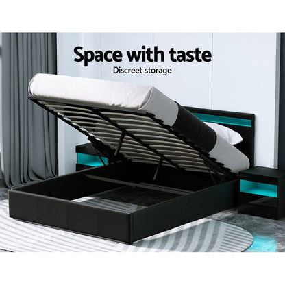 Artiss Bed Frame Queen Size LED Gas Lift Black COLE - Cosy Abode