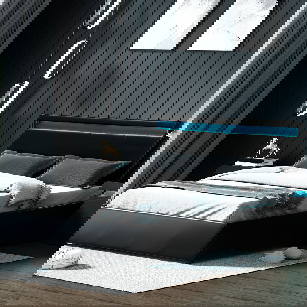 Artiss Bed Frame Queen Size LED Gas Lift Black COLE - Cosy Abode