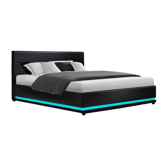 Artiss Bed Frame Queen Size LED Gas Lift Black LUMI - Cosy Abode