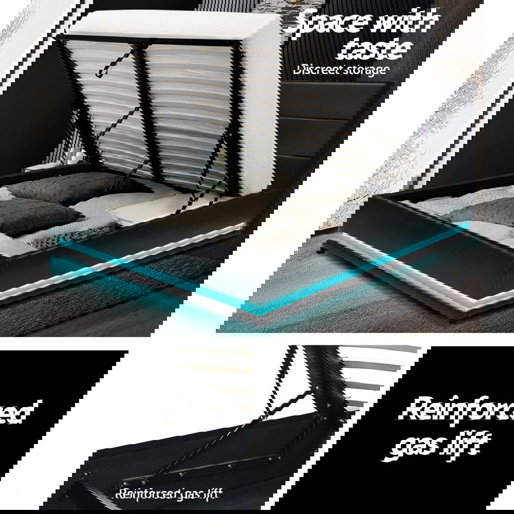 Artiss Bed Frame Queen Size LED Gas Lift Black LUMI - Cosy Abode