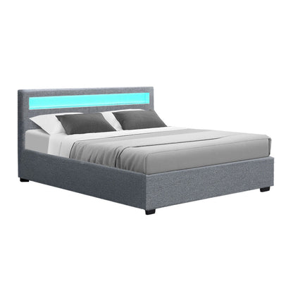 Artiss Bed Frame Queen Size LED Gas Lift Grey COLE - Cosy Abode