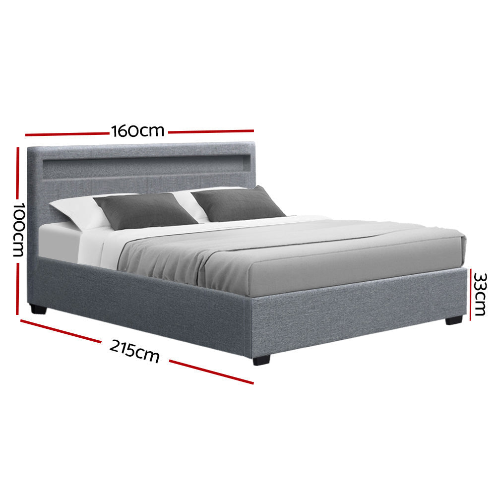 Artiss Bed Frame Queen Size LED Gas Lift Grey COLE - Cosy Abode
