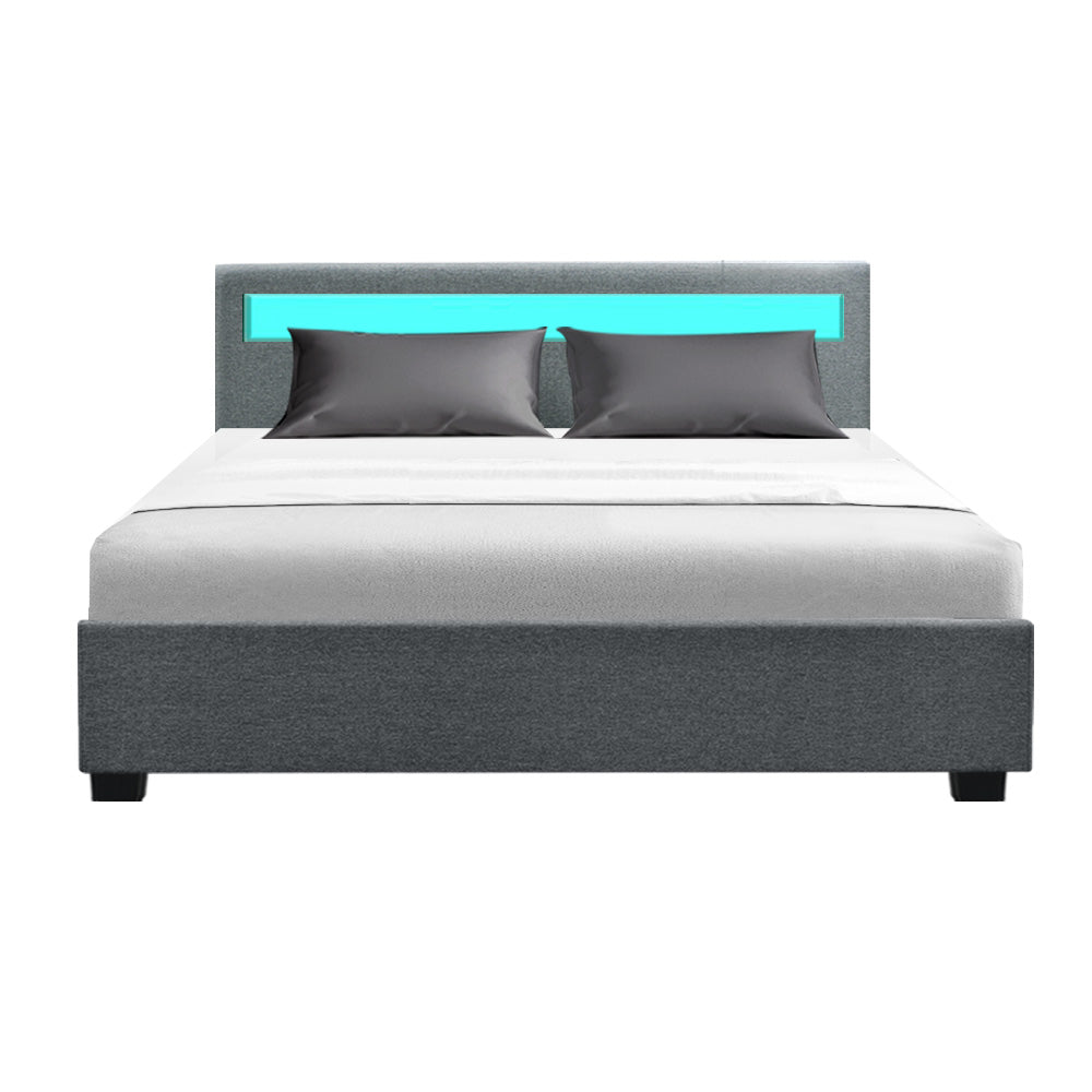 Artiss Bed Frame Queen Size LED Gas Lift Grey COLE - Cosy Abode