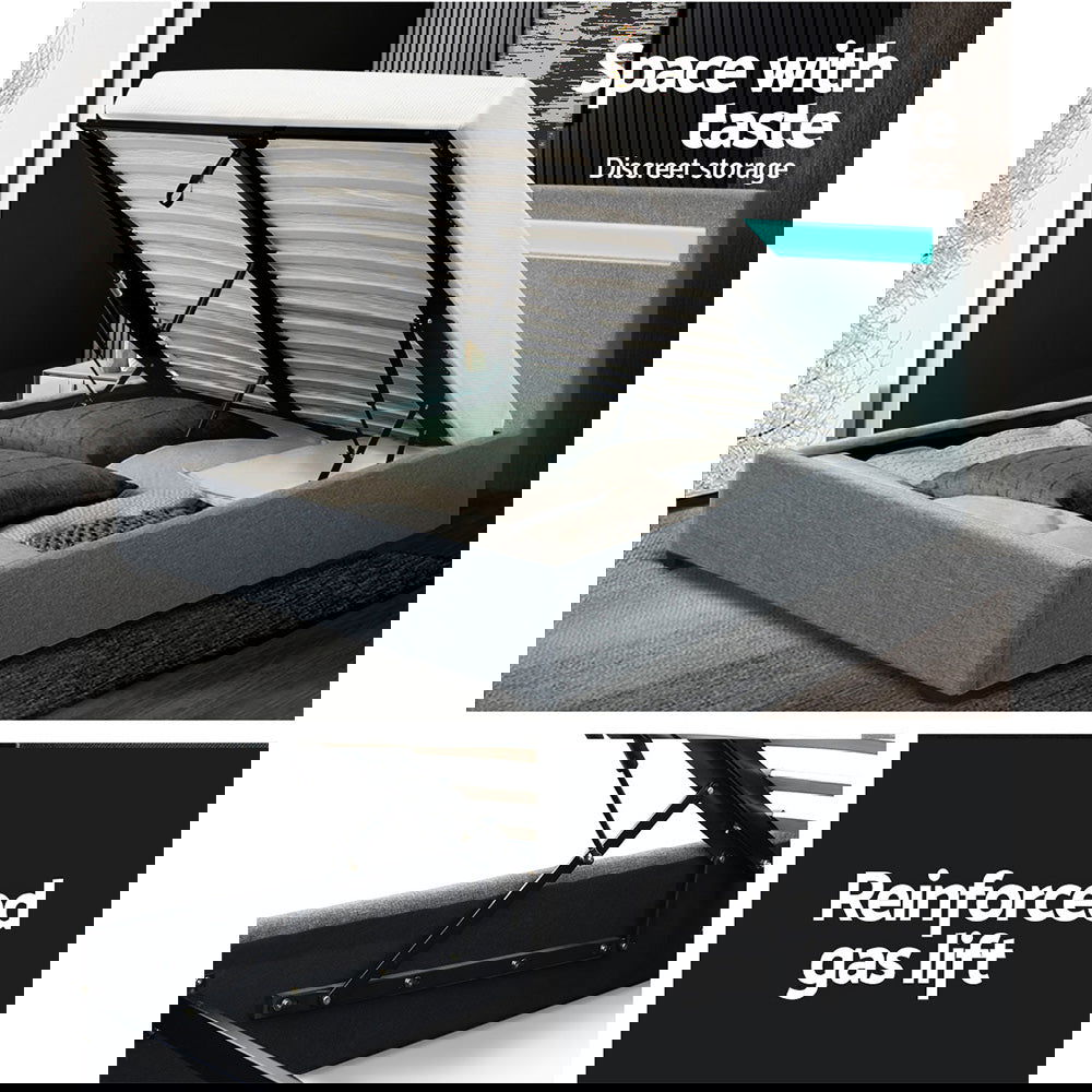 Artiss Bed Frame Queen Size LED Gas Lift Grey COLE - Cosy Abode