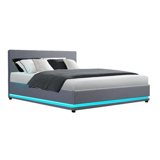 Artiss Bed Frame Queen Size LED Gas Lift Grey LUMI - Cosy Abode