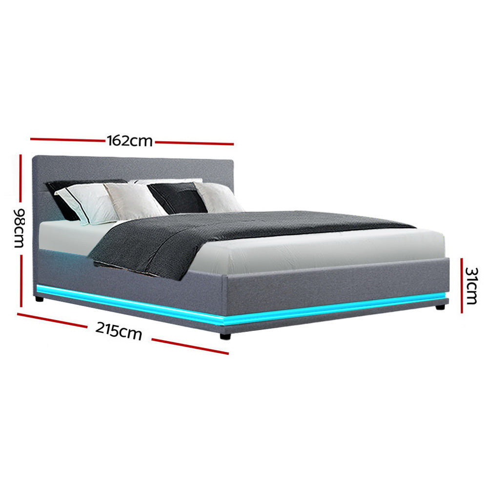 Artiss Bed Frame Queen Size LED Gas Lift Grey LUMI - Cosy Abode