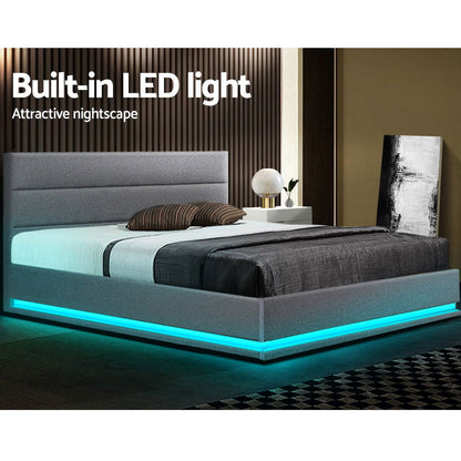 Artiss Bed Frame Queen Size LED Gas Lift Grey LUMI - Cosy Abode