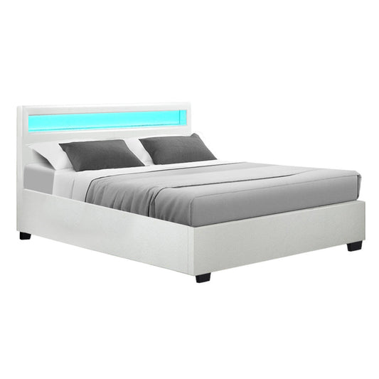 Artiss Bed Frame Queen Size LED Gas Lift White COLE - Cosy Abode