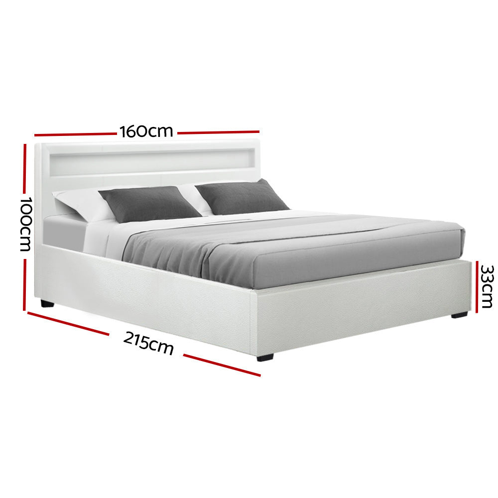 Artiss Bed Frame Queen Size LED Gas Lift White COLE - Cosy Abode