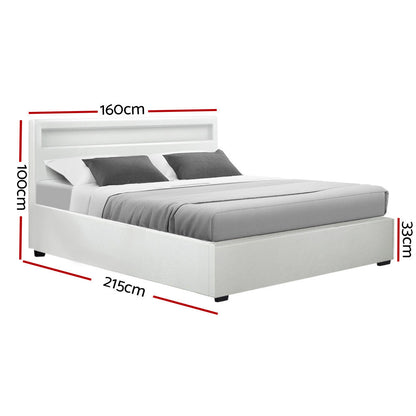 Artiss Bed Frame Queen Size LED Gas Lift White COLE - Cosy Abode