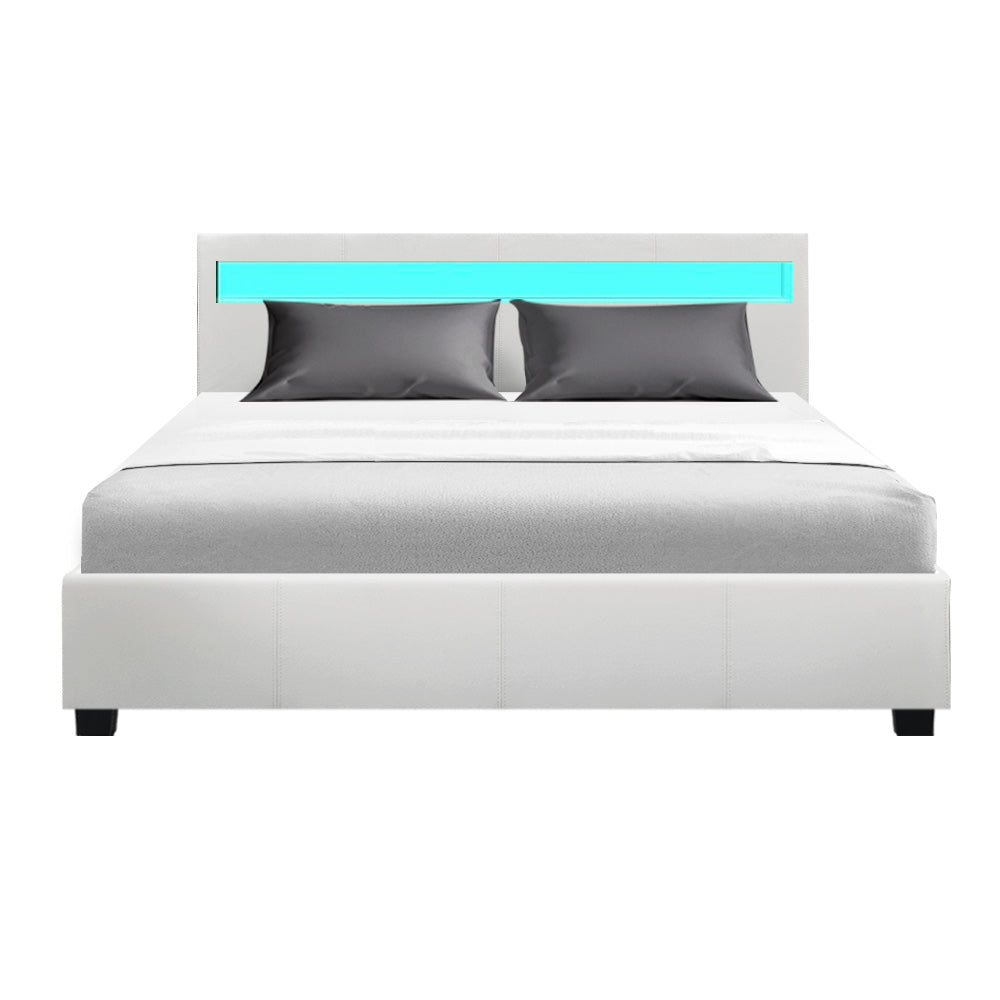 Artiss Bed Frame Queen Size LED Gas Lift White COLE - Cosy Abode