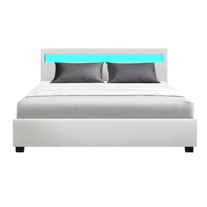 Artiss Bed Frame Queen Size LED Gas Lift White COLE - Cosy Abode