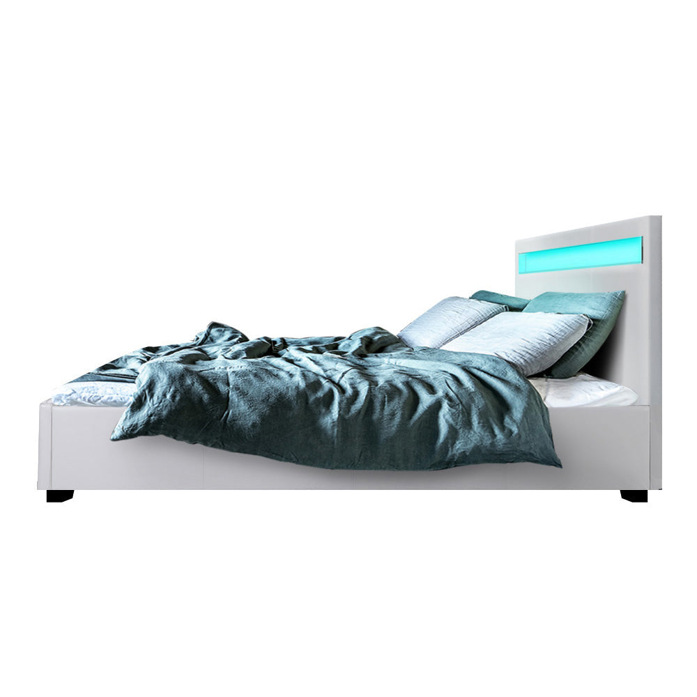 Artiss Bed Frame Queen Size LED Gas Lift White COLE - Cosy Abode
