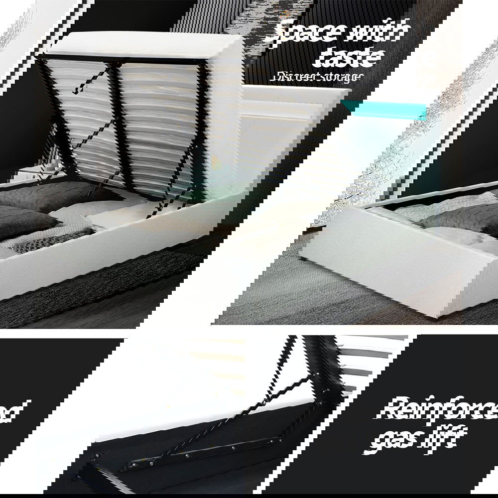 Artiss Bed Frame Queen Size LED Gas Lift White COLE - Cosy Abode