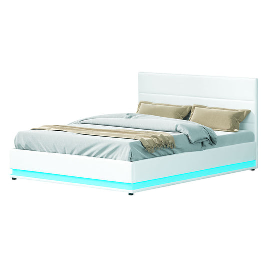 Artiss Bed Frame Queen Size LED Gas Lift White LUMI - Cosy Abode