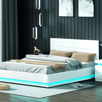 Artiss Bed Frame Queen Size LED Gas Lift White LUMI - Cosy Abode