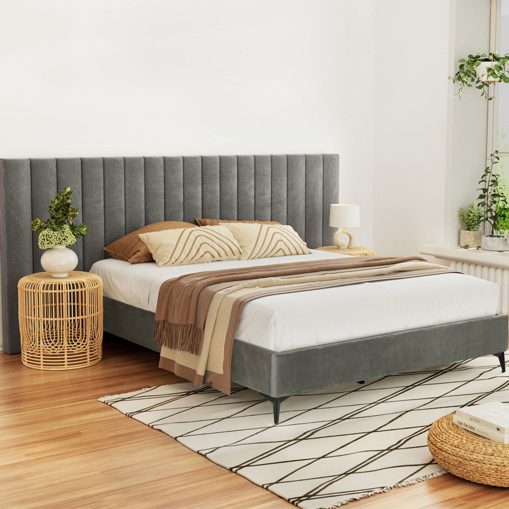 Artiss Bed Frame Queen Size Velvet Grey LOTT - Cosy Abode