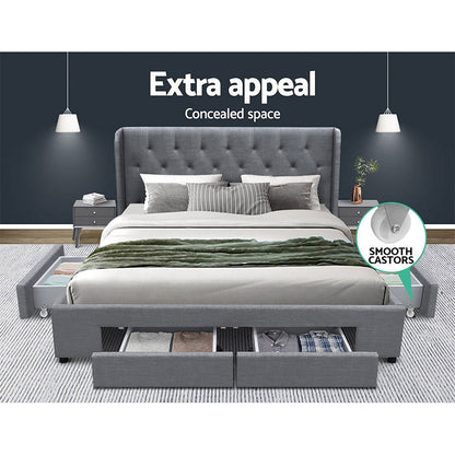 Artiss Bed Frame Queen Size with 4 Drawers Grey MILA - Cosy Abode