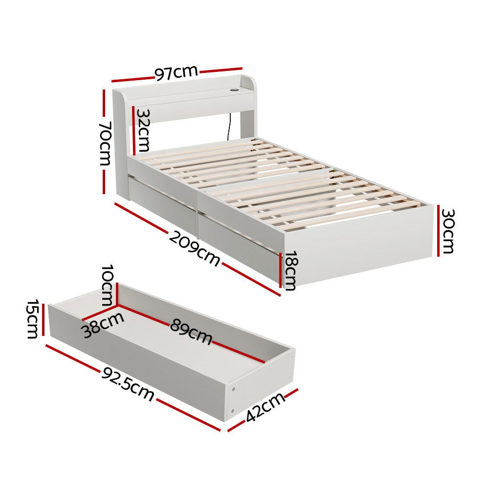 Artiss Bed Frame Single Size Mattress Base wtih Charging Ports 2 Storage Drawers - Cosy Abode