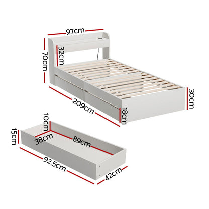 Artiss Bed Frame Single Size Mattress Base wtih Charging Ports 2 Storage Drawers - Cosy Abode