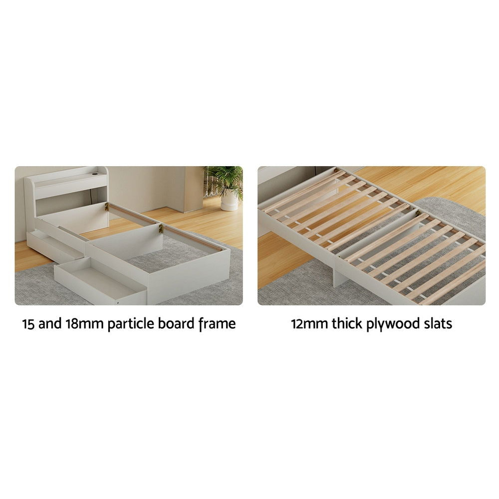 Artiss Bed Frame Single Size Mattress Base wtih Charging Ports 2 Storage Drawers - Cosy Abode