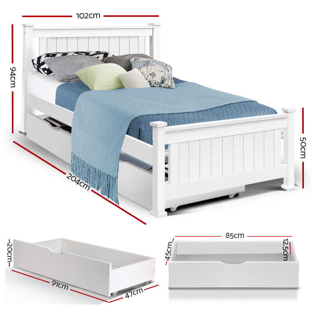 Artiss Bed Frame Single Size Wooden with 2 Drawers White RIO - Cosy Abode