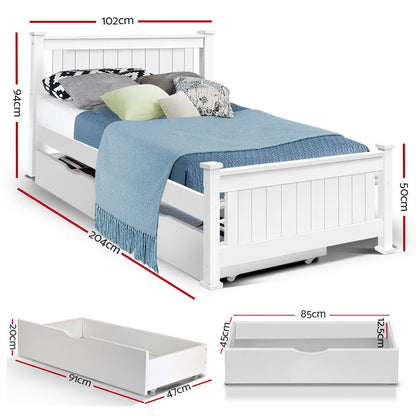 Artiss Bed Frame Single Size Wooden with 2 Drawers White RIO - Cosy Abode