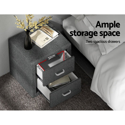 Artiss Bedside Table 2 Drawers Fabric - CADEN Grey - Cosy Abode
