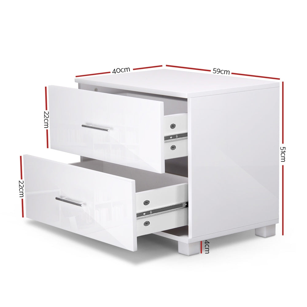Artiss Bedside Table 2 Drawers High Gloss - White - Cosy Abode