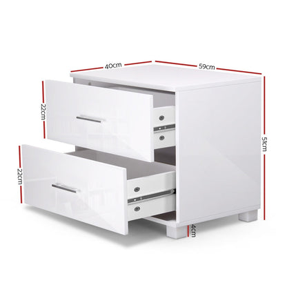 Artiss Bedside Table 2 Drawers High Gloss - White - Cosy Abode