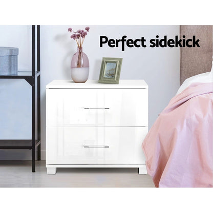 Artiss Bedside Table 2 Drawers High Gloss - White - Cosy Abode