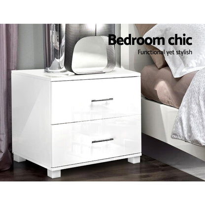 Artiss Bedside Table 2 Drawers High Gloss - White - Cosy Abode