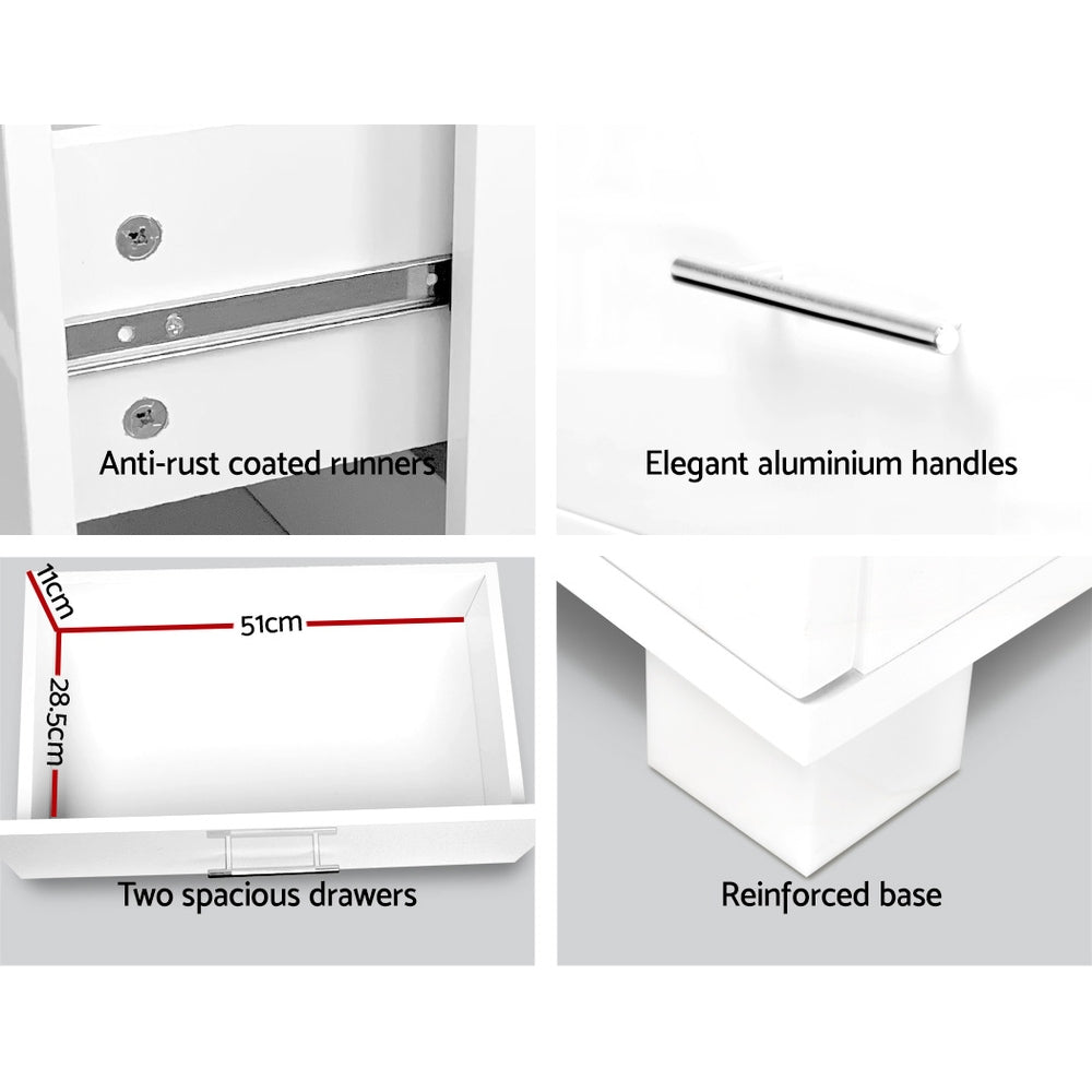 Artiss Bedside Table 2 Drawers High Gloss - White - Cosy Abode