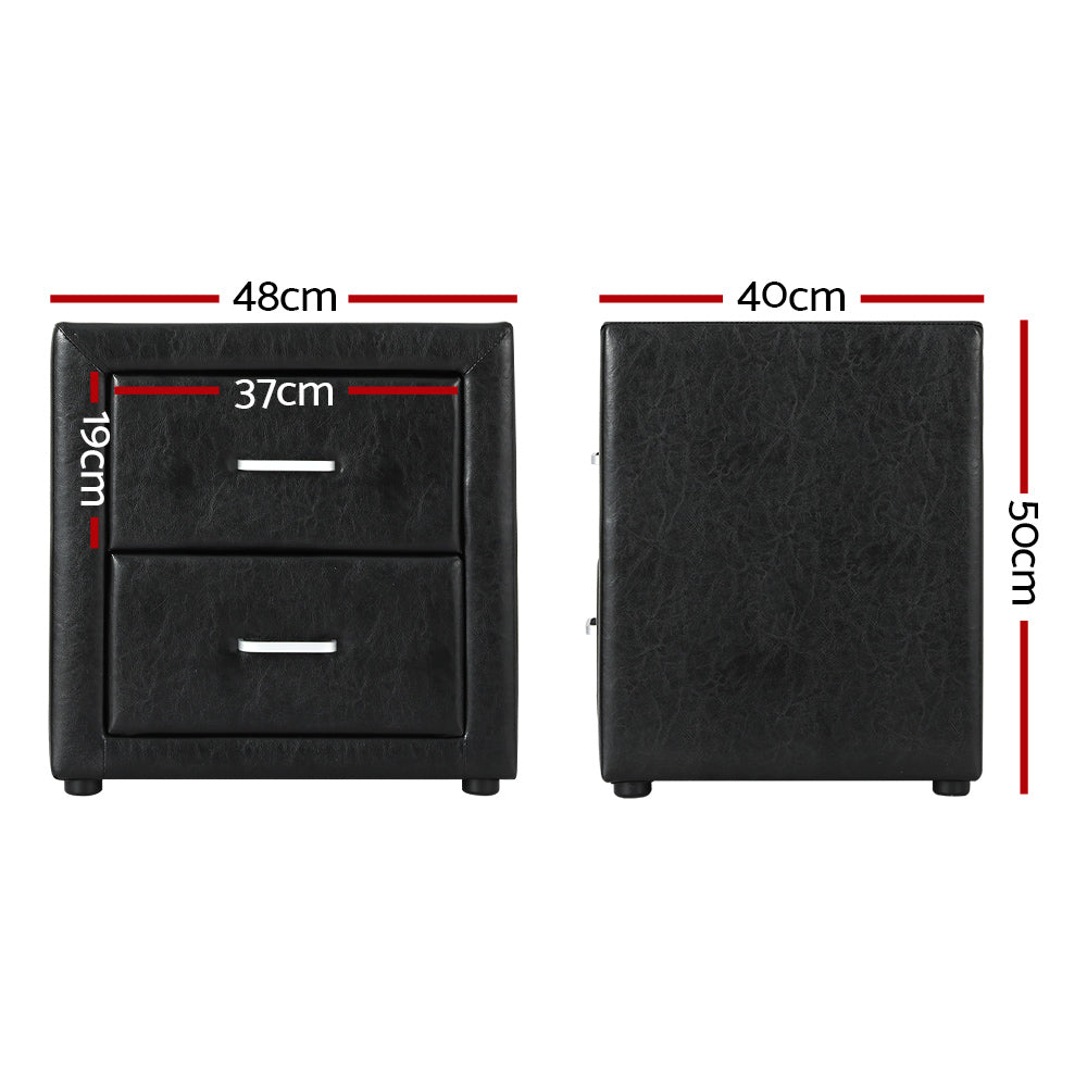 Artiss Bedside Table 2 Drawers Side Table Leather - CADEN Black - Cosy Abode