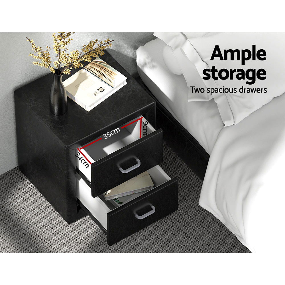 Artiss Bedside Table 2 Drawers Side Table Leather - CADEN Black - Cosy Abode