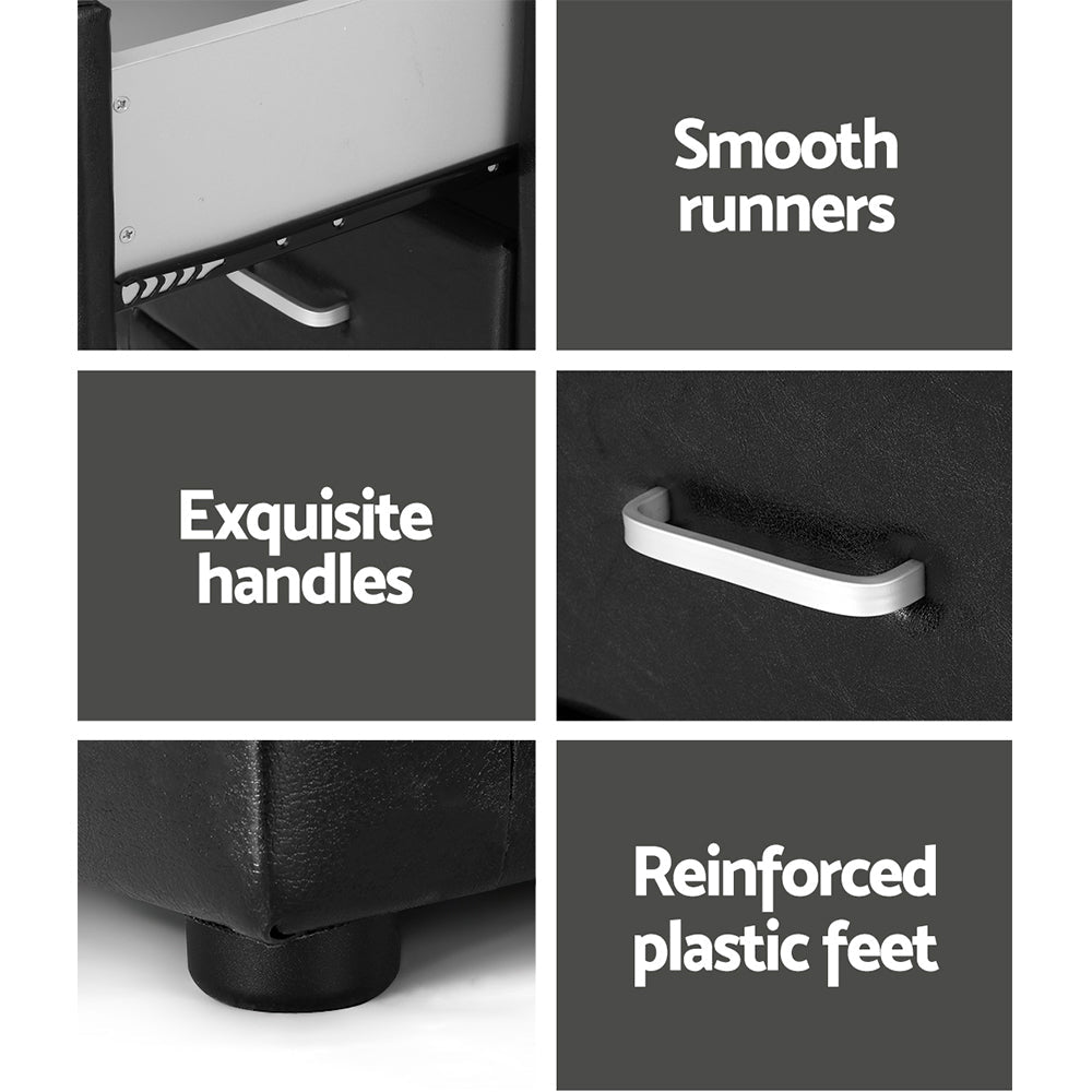 Artiss Bedside Table 2 Drawers Side Table Leather - CADEN Black - Cosy Abode