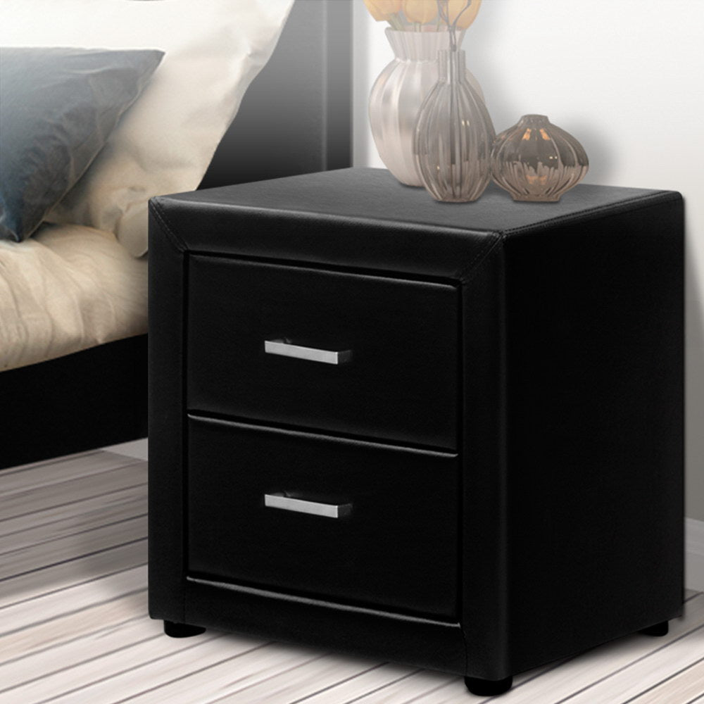 Artiss Bedside Table 2 Drawers Side Table Leather - CADEN Black - Cosy Abode