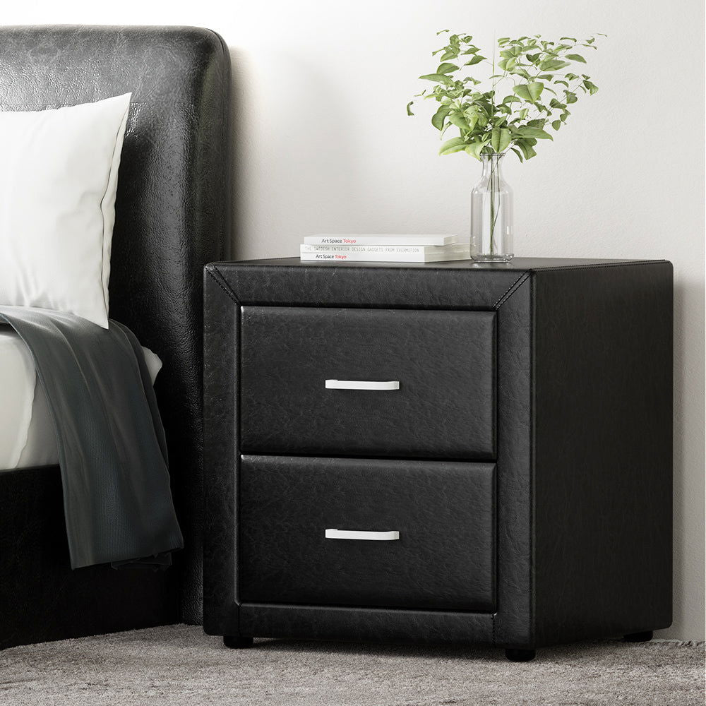 Artiss Bedside Table 2 Drawers Side Table Leather - CADEN Black - Cosy Abode