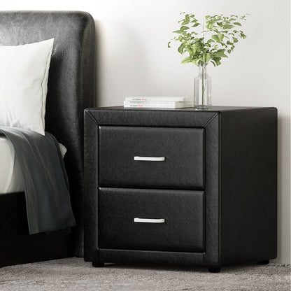 Artiss Bedside Table 2 Drawers Side Table Leather - CADEN Black - Cosy Abode