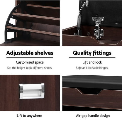 Artiss Shoe Rack Cabinet Bench 3-tier 15 Pairs Walnut - Cosy Abode