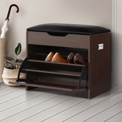 Artiss Shoe Rack Cabinet Bench 3-tier 15 Pairs Walnut - Cosy Abode