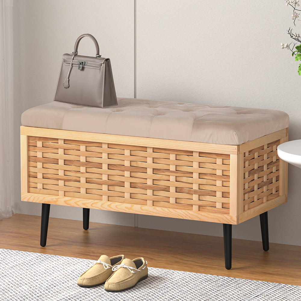 Artiss Storage Ottoman Blanket Box 80cm Weaved Velvet Pine - Cosy Abode
