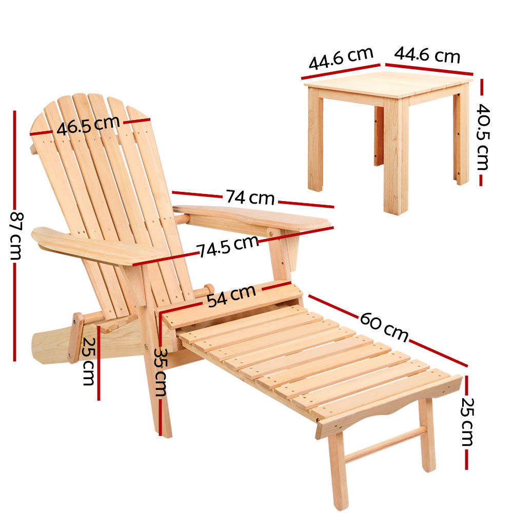 Gardeon 3PC Adirondack Outdoor Wooden Sun Lounge Set with Table - Natural Wood - Cosy Abode