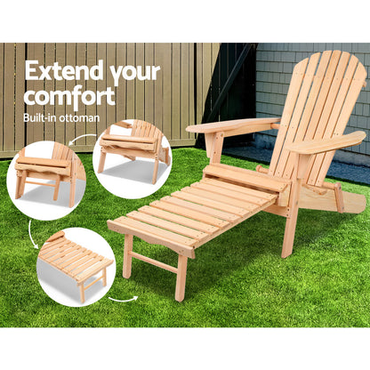 Gardeon 3PC Adirondack Outdoor Wooden Sun Lounge Set with Table - Natural Wood - Cosy Abode