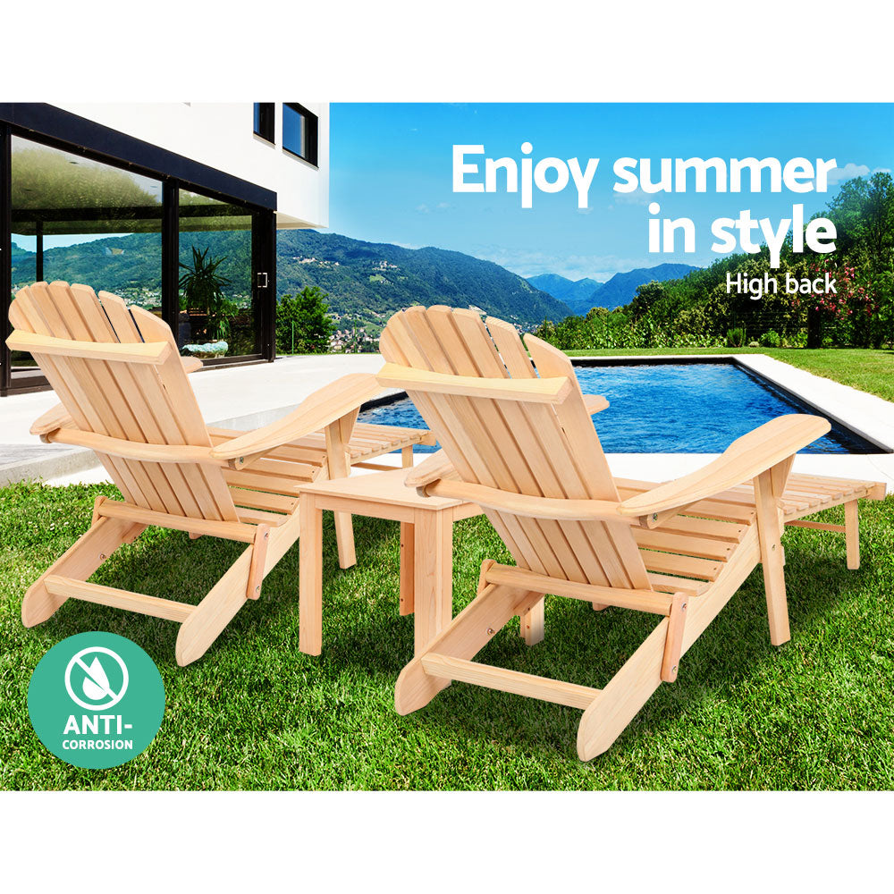 Gardeon 3PC Adirondack Outdoor Wooden Sun Lounge Set with Table - Natural Wood - Cosy Abode